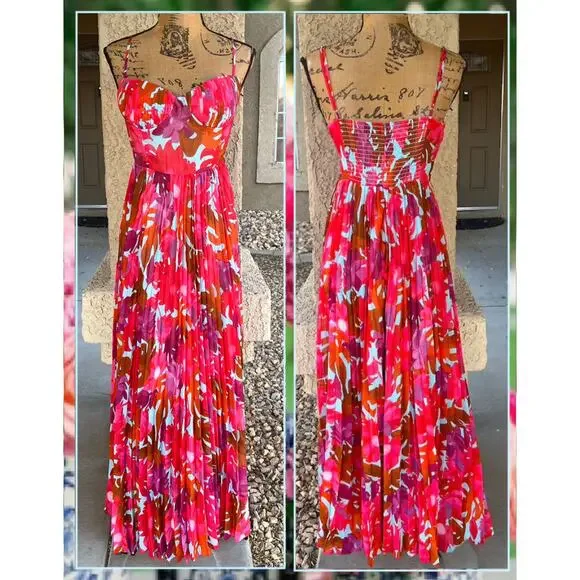 Petal & Pup Red Pink Orange Floral Pleated Maxi Dress - Picture 6 of 14
